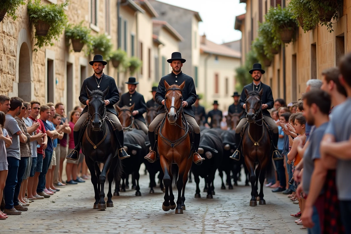 Gardians à cheval guidant des taureaux noirs dans une rue pavée lors d'un abrivado de village provençal