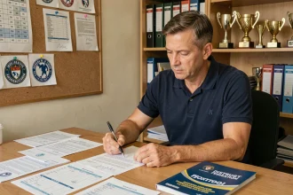 Administrateur de club de football remplissant des formulaires de licence dans un bureau de district