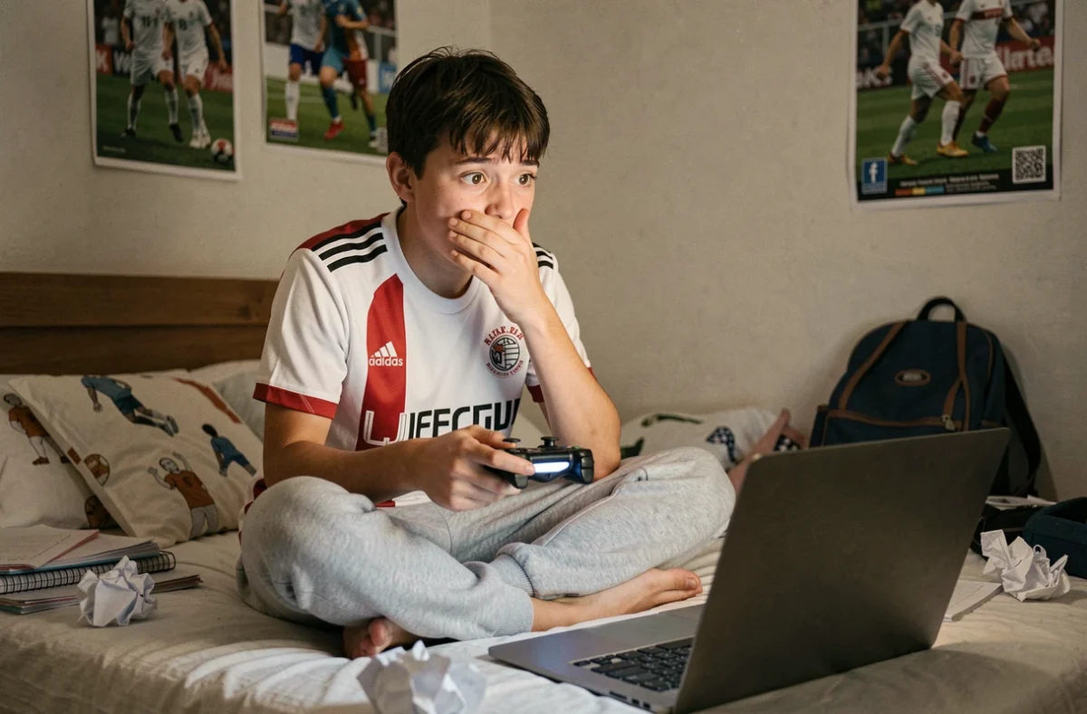 Adolescent incrédule face à un combo de geste technique dans FC 25 sur son ordinateur portable