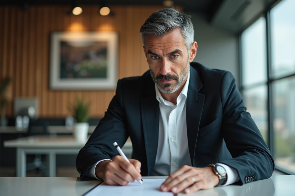 Agent de football examinant des contrats dans un bureau