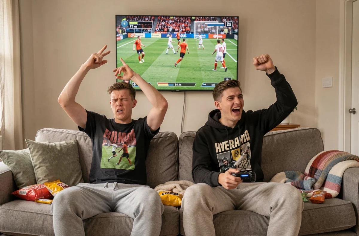 Deux amis jouant à FC 25 en multijoueur, l'un célébrant un geste technique tandis que l'autre abandonne