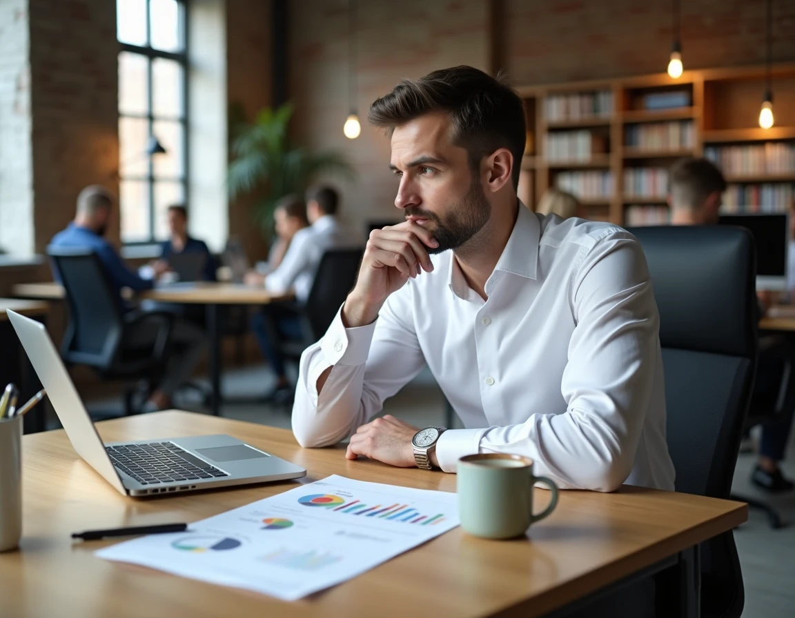 Homme d'affaires analysant une proposition de sponsoring sur son bureau dans un espace de travail moderne