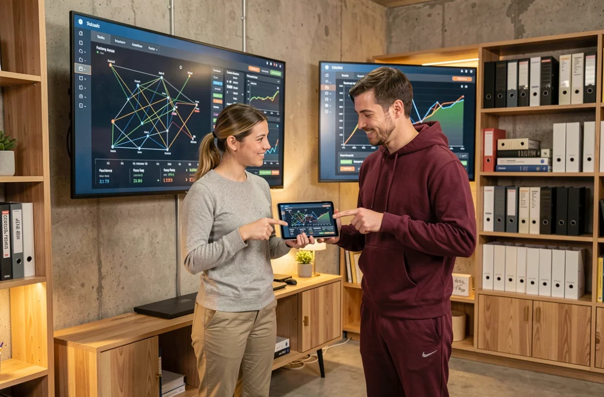 Analyste de données et entraîneuse de football féminin collaborant devant des écrans d'analyse de performance dans un bureau sportif moderne