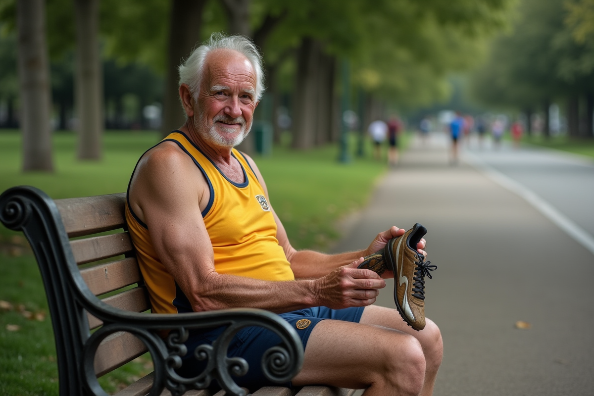 Ancien sprinter assis sur un banc de parc avec vieilles chaussures de course