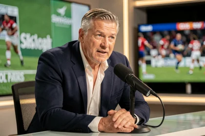 Ancien joueur de rugby français reconverti en consultant médiatique dans un studio de télévision sportive moderne
