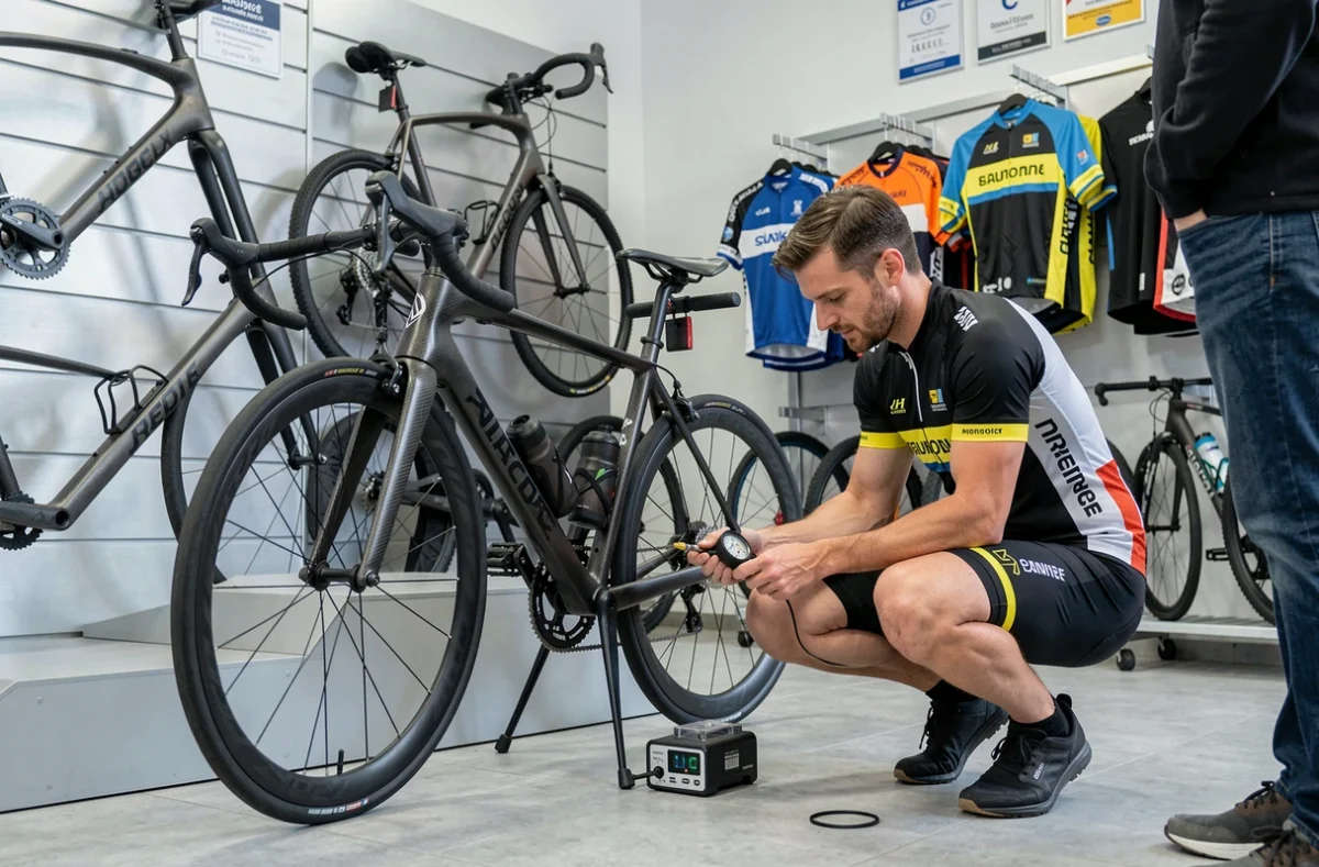 Spécialiste vélo route ajustant la pression des pneus d'un vélo de route chez Anjou Bikes à Beaucouzé