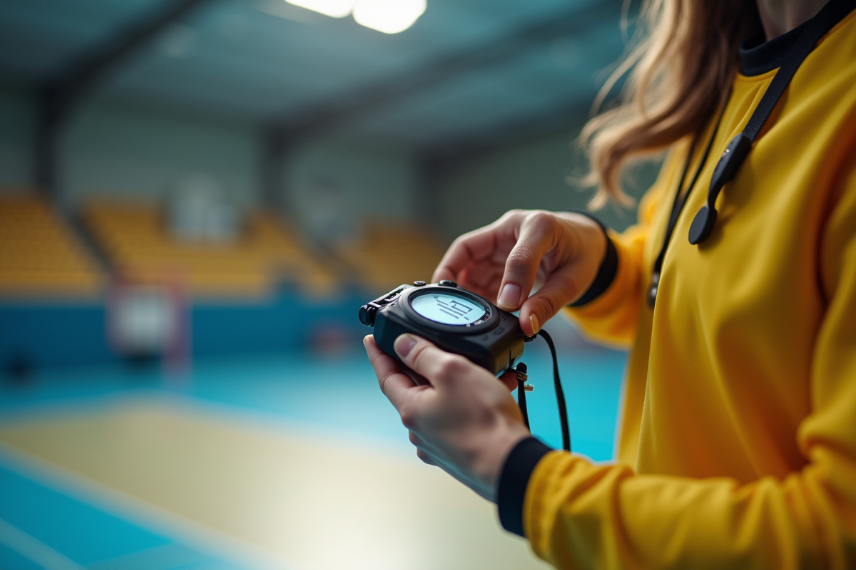 Main d'arbitre appuyant sur le chronomètre lors d'un match de handball