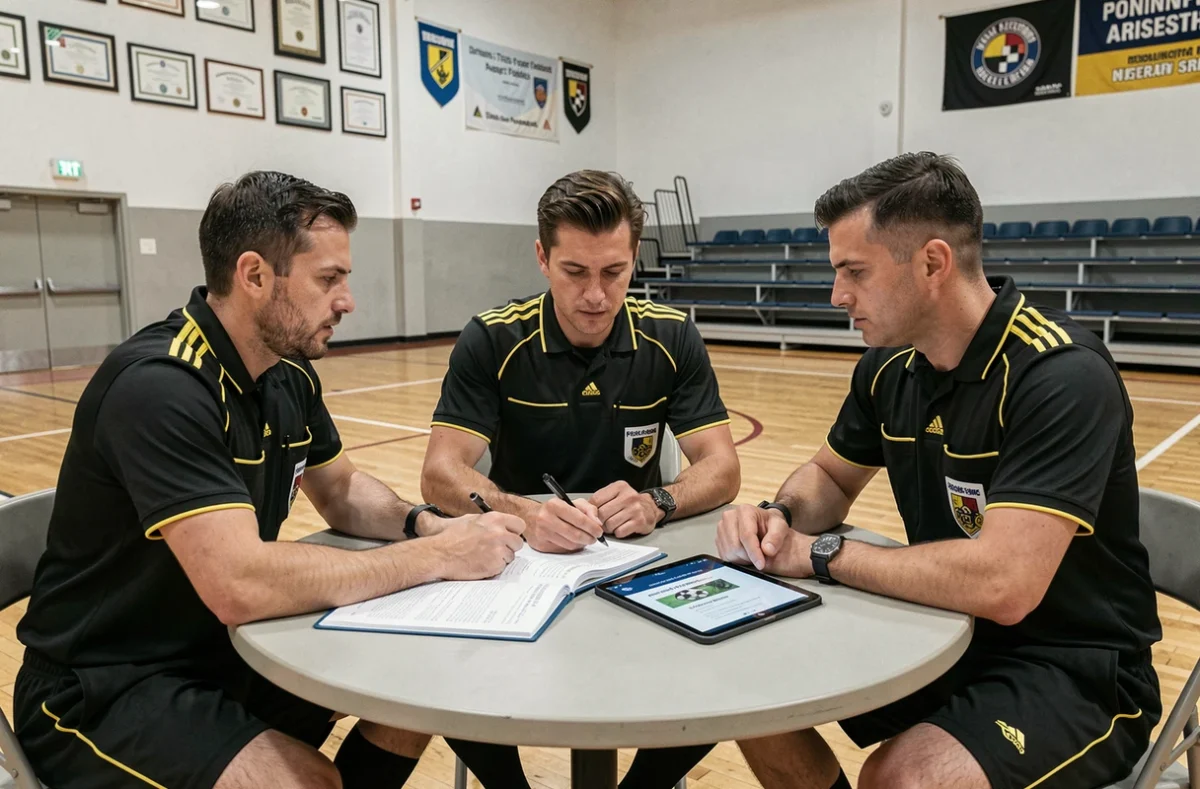 Arbitres de football consultant le règlement du district 44 lors d'une réunion dans une salle de sport
