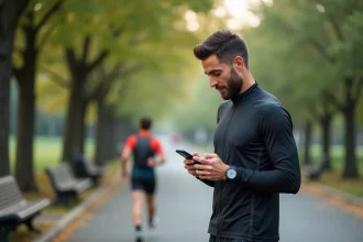 Athlète masculin en pause vérifiant une application nutrition