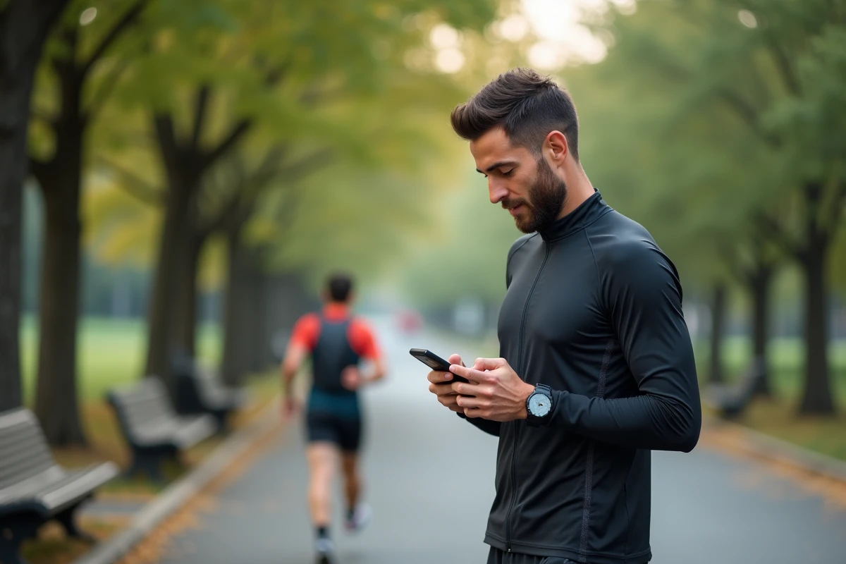 Athlète masculin en pause vérifiant une application nutrition