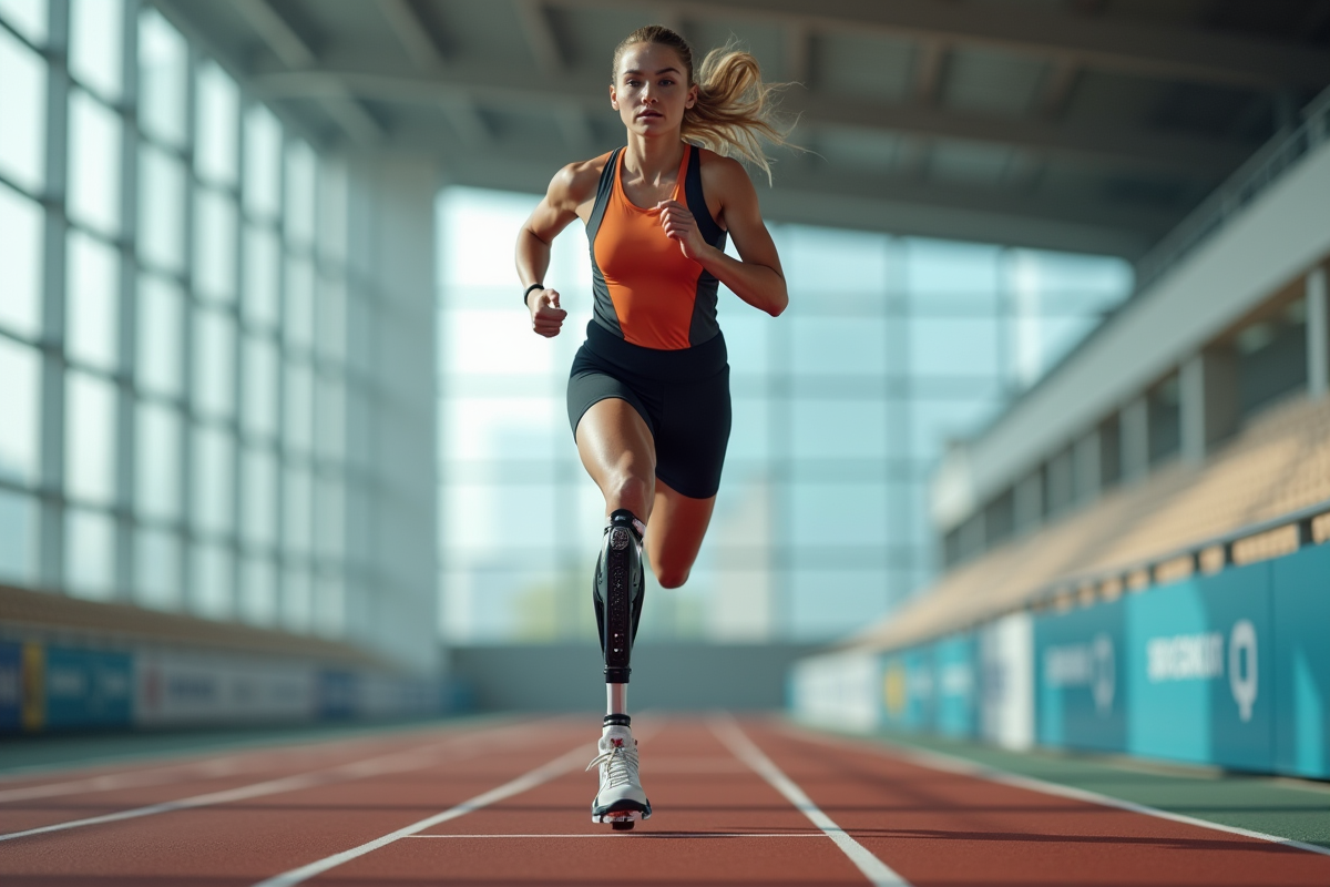 Femme athlète avec prothese en course intérieure