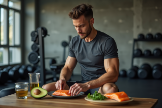 Jeune homme sportif préparant un repas sain avec avocat et saumon