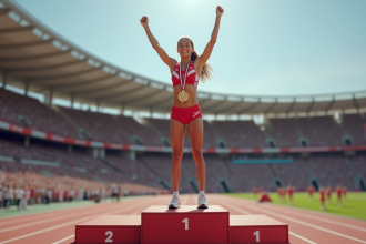 Athlète féminine triomphante sur le podium avec médaille