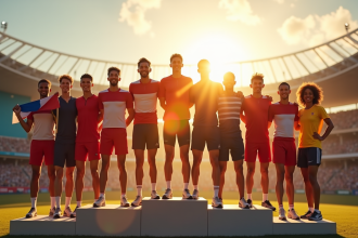 Athletes divers sur le podium avec drapeaux et soleil doré