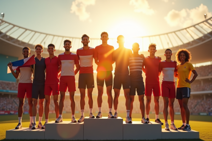 Athletes divers sur le podium avec drapeaux et soleil doré