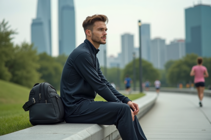 Jeune athlète urbain en tenue de sport assis dans un parc