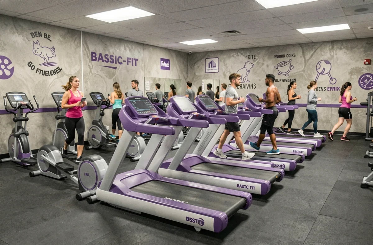 Rangées de machines cardio dans la salle Basic-Fit au Mans avec décoration violet et blanc