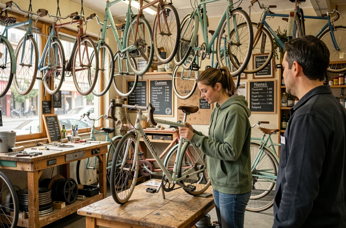 Employée inspectant un vélo reconditionné dans le magasin Beebike spécialisé en vélos remis à neuf à Nantes