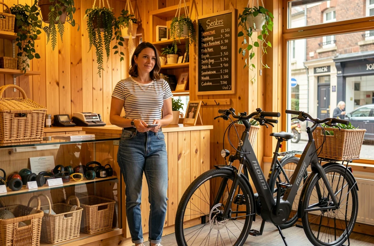 Propriétaire de Bo Biclou spécialiste en vélos électriques à Angers derrière son comptoir avec deux vélos électriques urbains