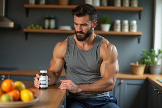 Homme musclé examinant une bouteille d'huile de poisson