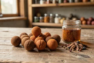 Bouillettes carpe maison aux arômes naturels disposées sur bois rustique avec flacon d'attractant pour la pêche estivale et hivernale