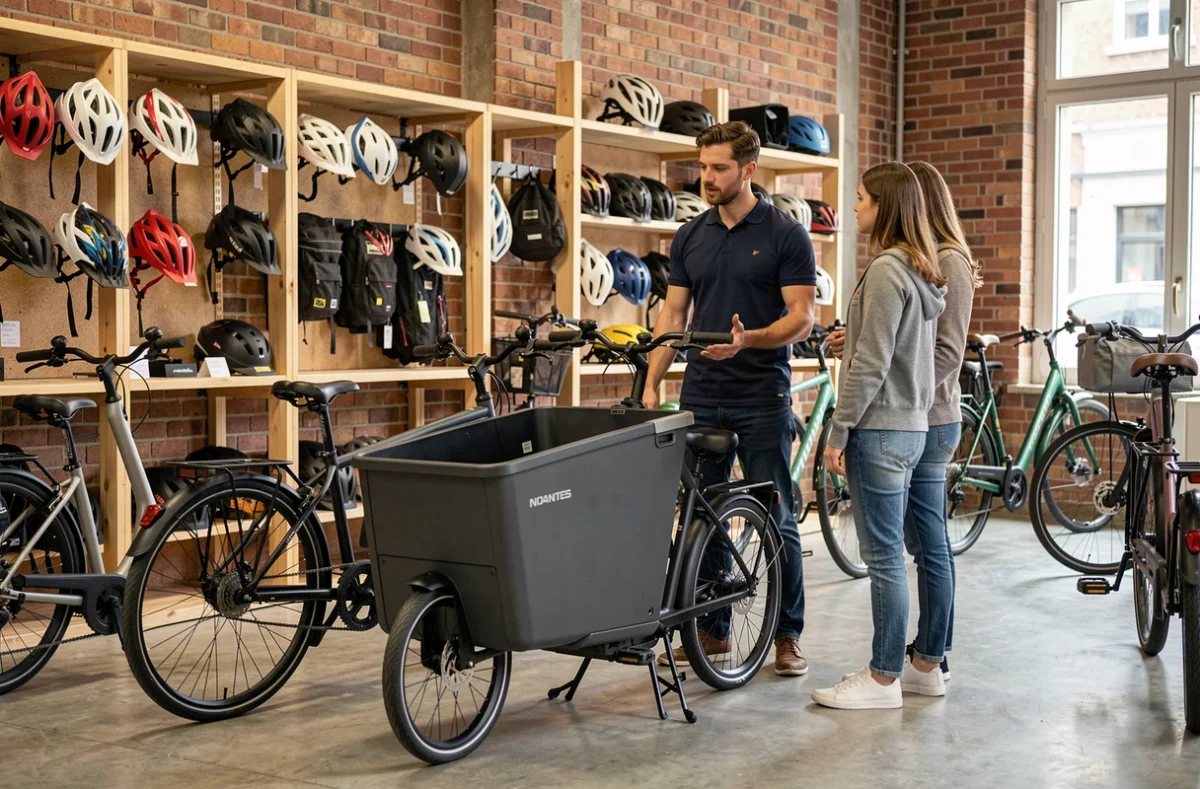 Vendeur présentant un vélo cargo à des clients dans le magasin Bovélo spécialisé en vélos urbains et cargos à Nantes
