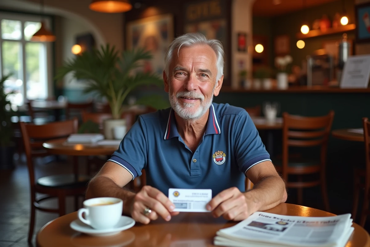 Supporter fier tenant sa carte d'adhérent officielle du club dans un café traditionnel français