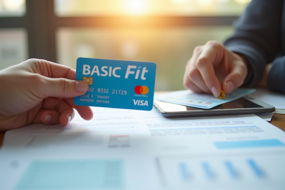 Main tenant une carte Basic Fit au-dessus de papiers et smartphone