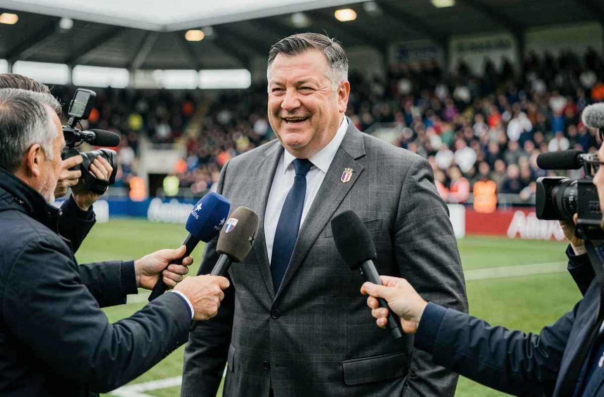 Célèbre ancien joueur de rugby français accordant une interview presse sur la pelouse d'un stade après un match