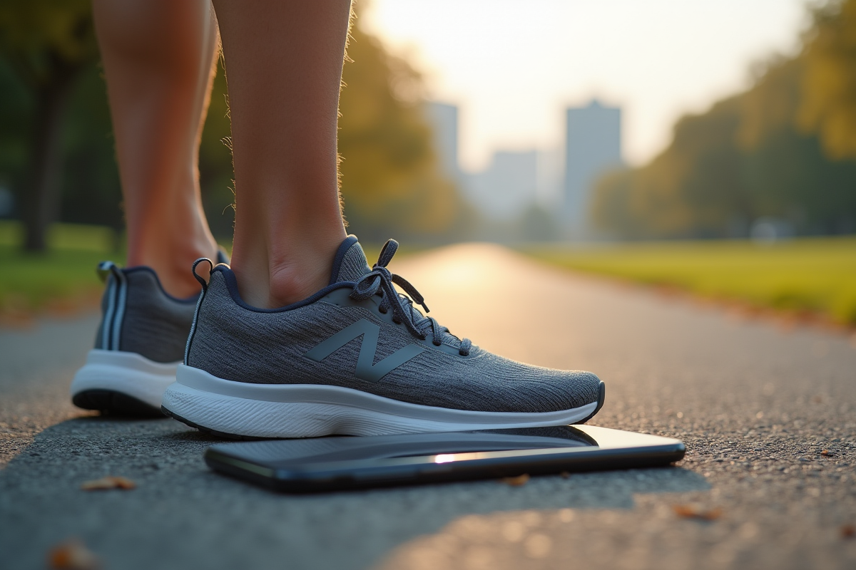 Chaussure de sport et smartphone avec application de conversion de pas en kilomètres