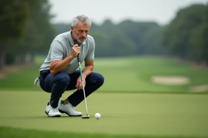 Golfeur accroupi en train de lire la pente du green avant un putt décisif sur un parcours de golf professionnel