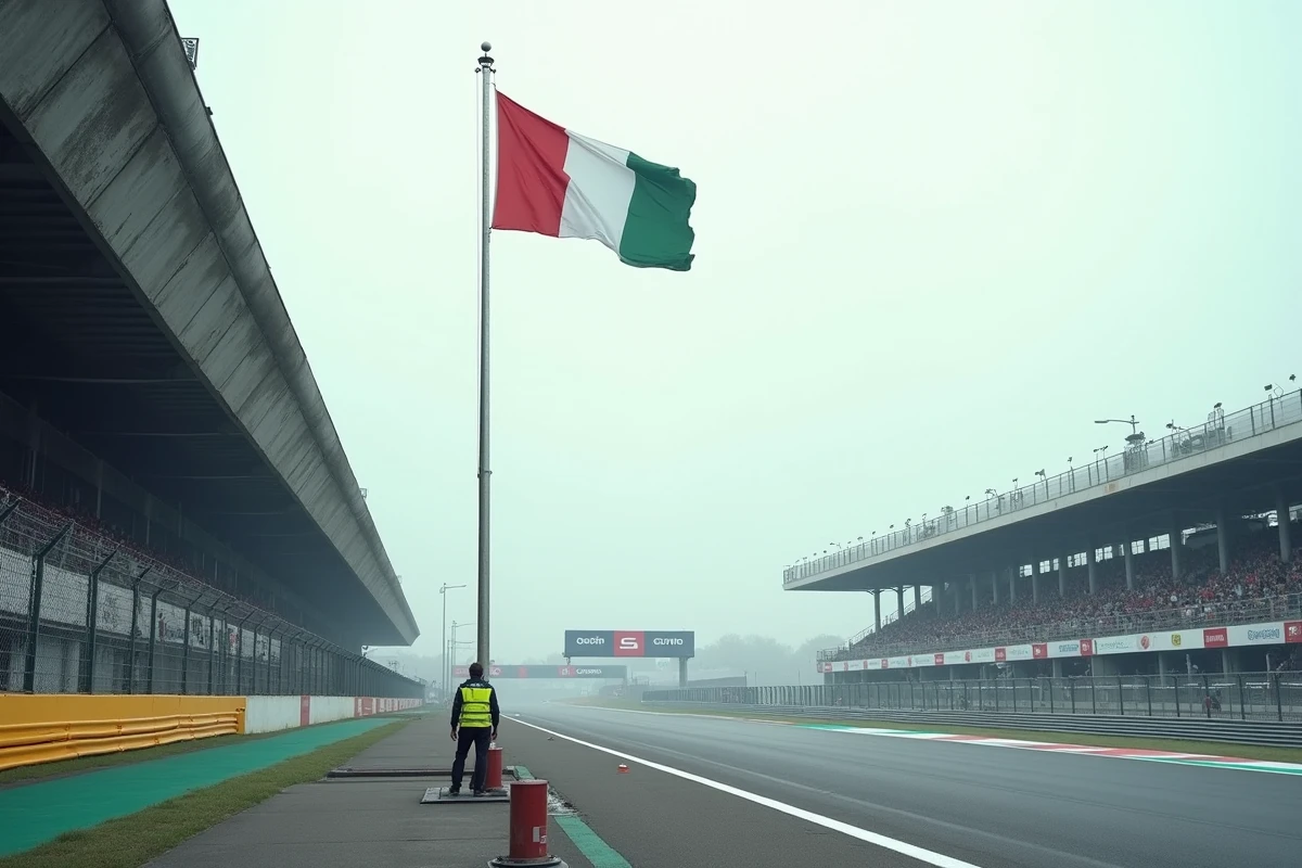 Drapeau mis en berne sur un circuit de Formule 1 par un agent en gilet haute visibilité, tribunes vides sous un ciel couvert