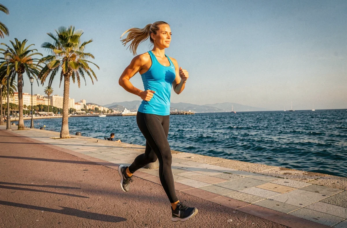 Coach d'Azur en course sur la Promenade des Anglais à Nice avec vue panoramique sur la mer Méditerranée