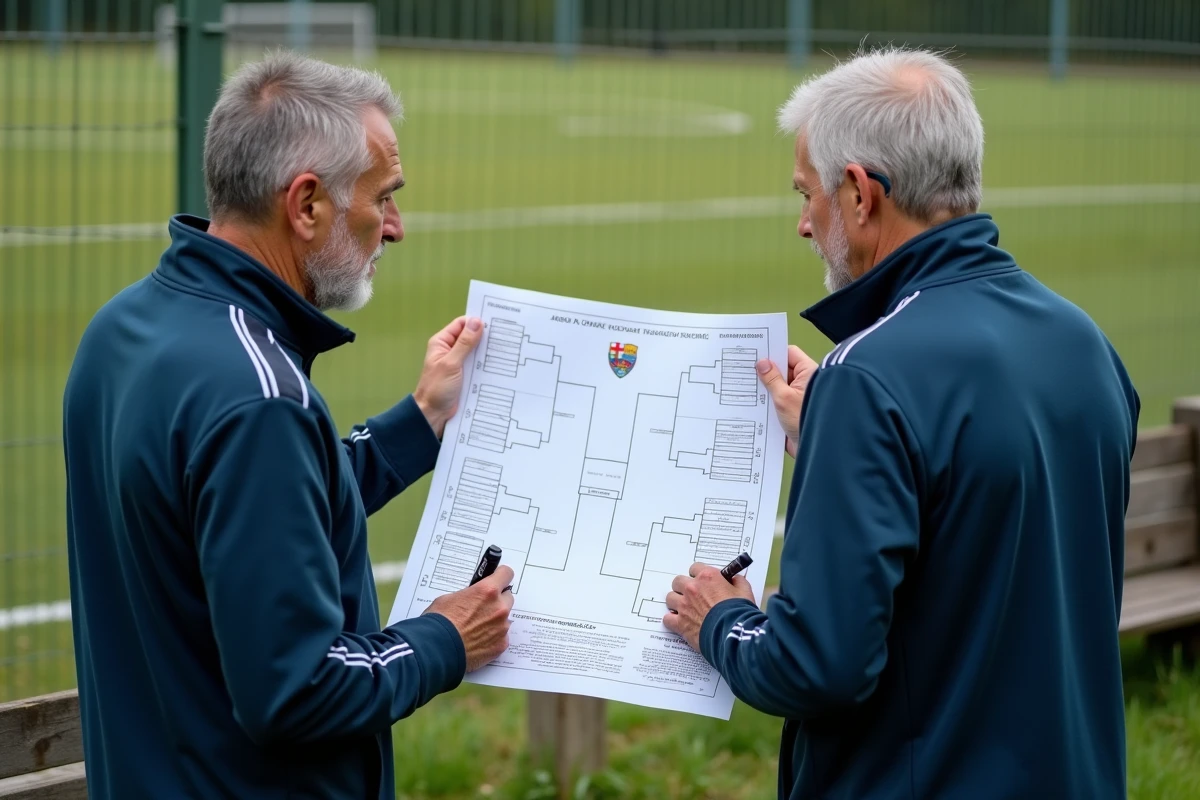 Entraineurs consultent un tableau de tournoi sur le terrain