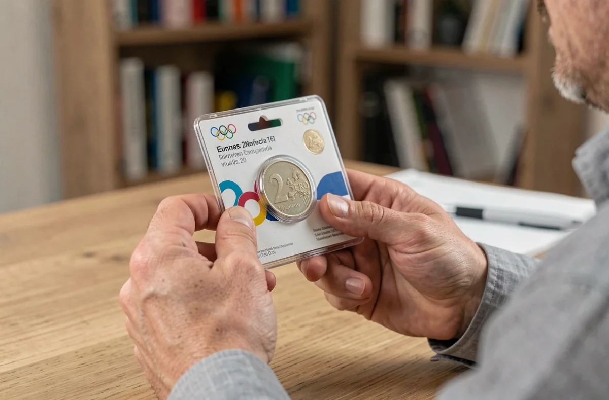 Collectionneur tenant une coincard officielle de la pièce 2 euros JO 2026 dans ses mains avec packaging transparent visible