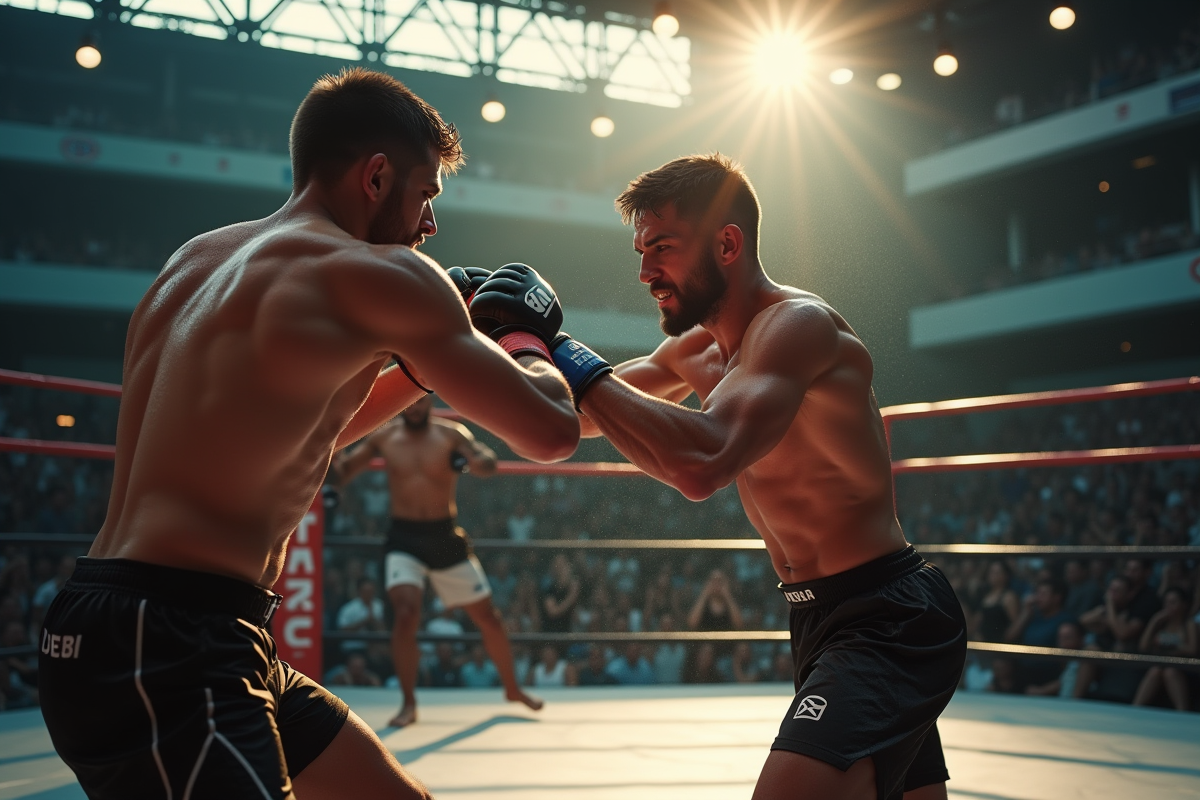 Sparring intense de mma dans un octogone ensoleille