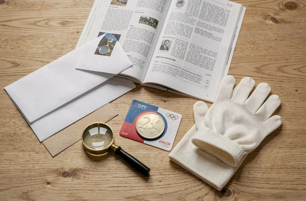 Comparaison entre pièce 2 euros JO 2026 édition simple et coincard collector disposées sur une table en bois avec accessoires numismatiques