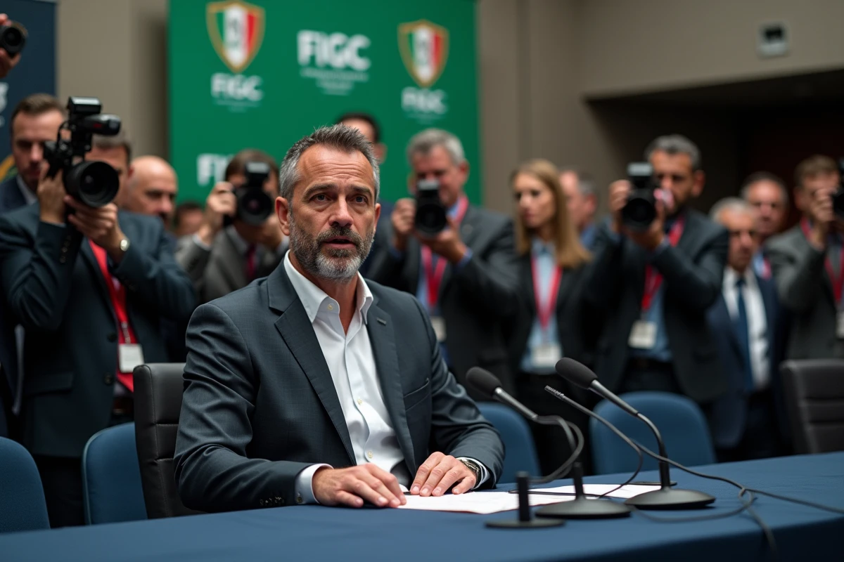 Conférence de presse officielle de la fédération italienne de football avec un porte-parole en costume sombre entouré de journalistes et de caméras