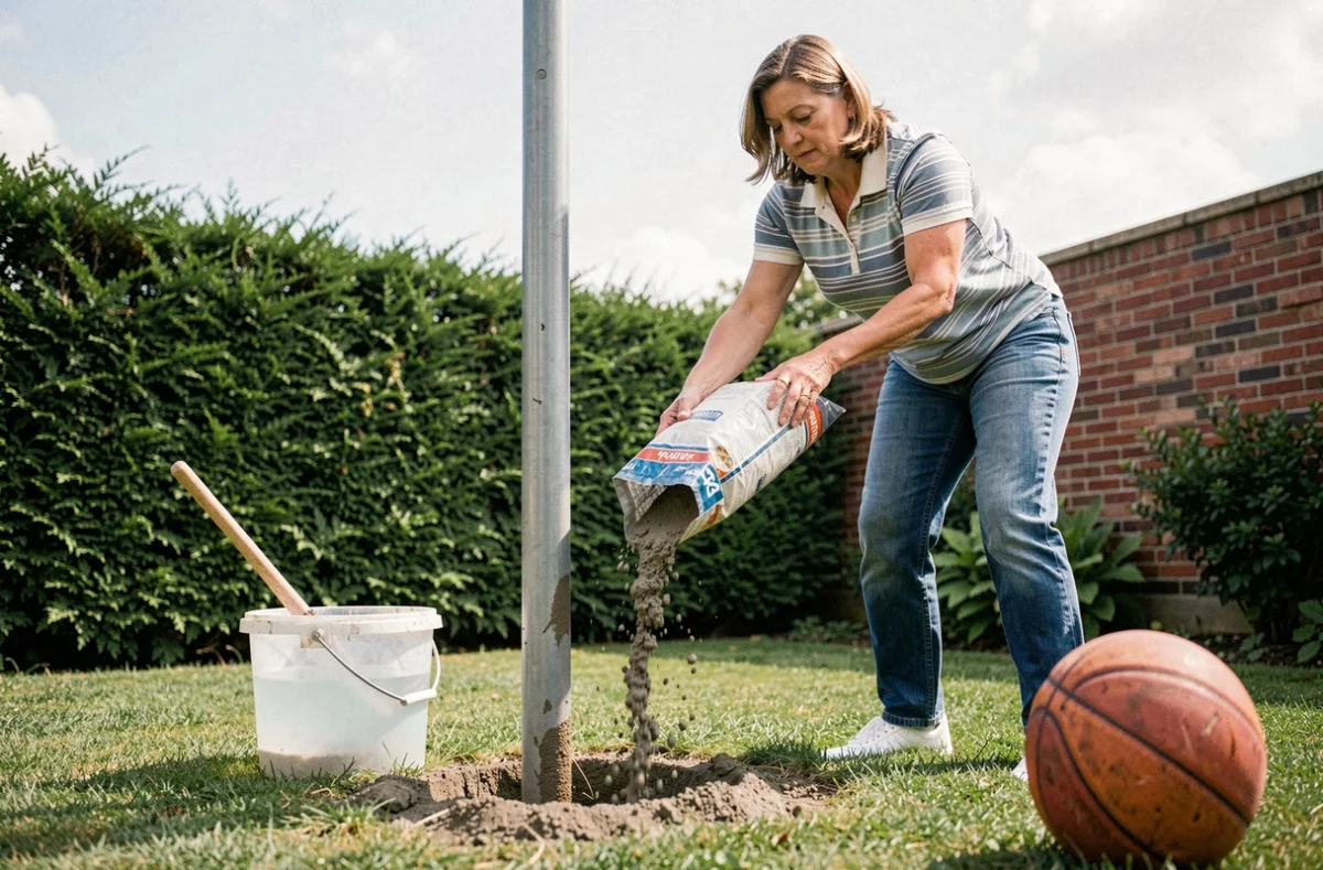 Femme coulant du béton autour du poteau de panier de basket pour fixer l'installation dans le jardin