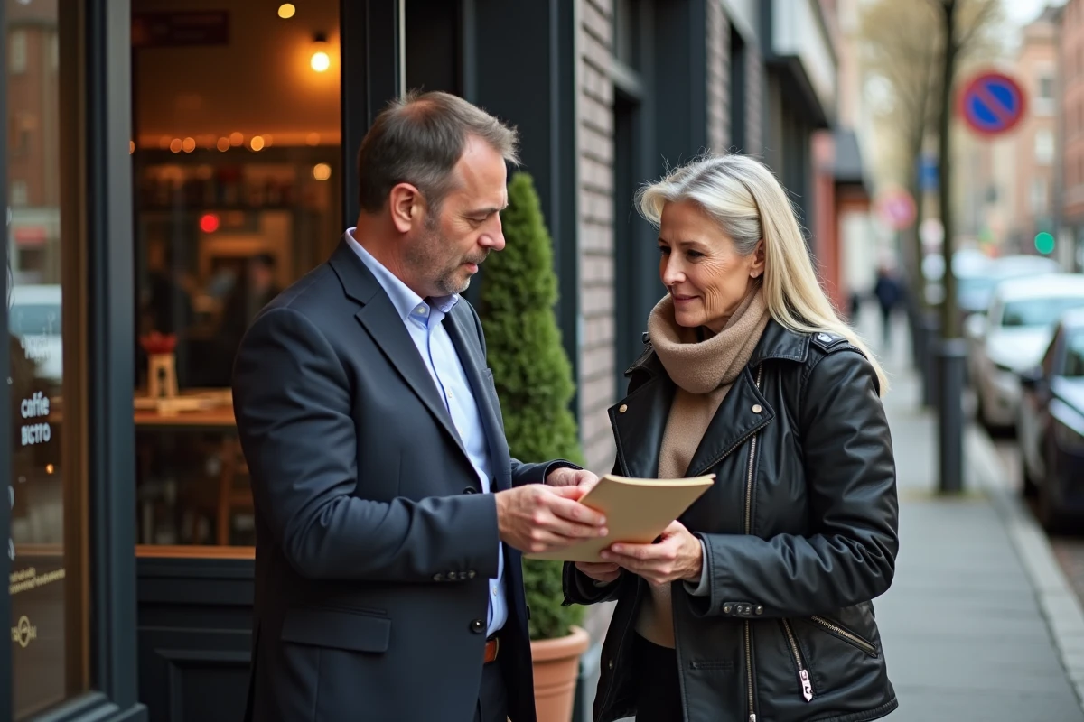Couple regardant le menu devant le bistro à Lomme
