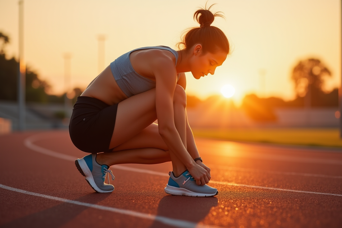 Femme coureuse nouant ses chaussures au lever du soleil