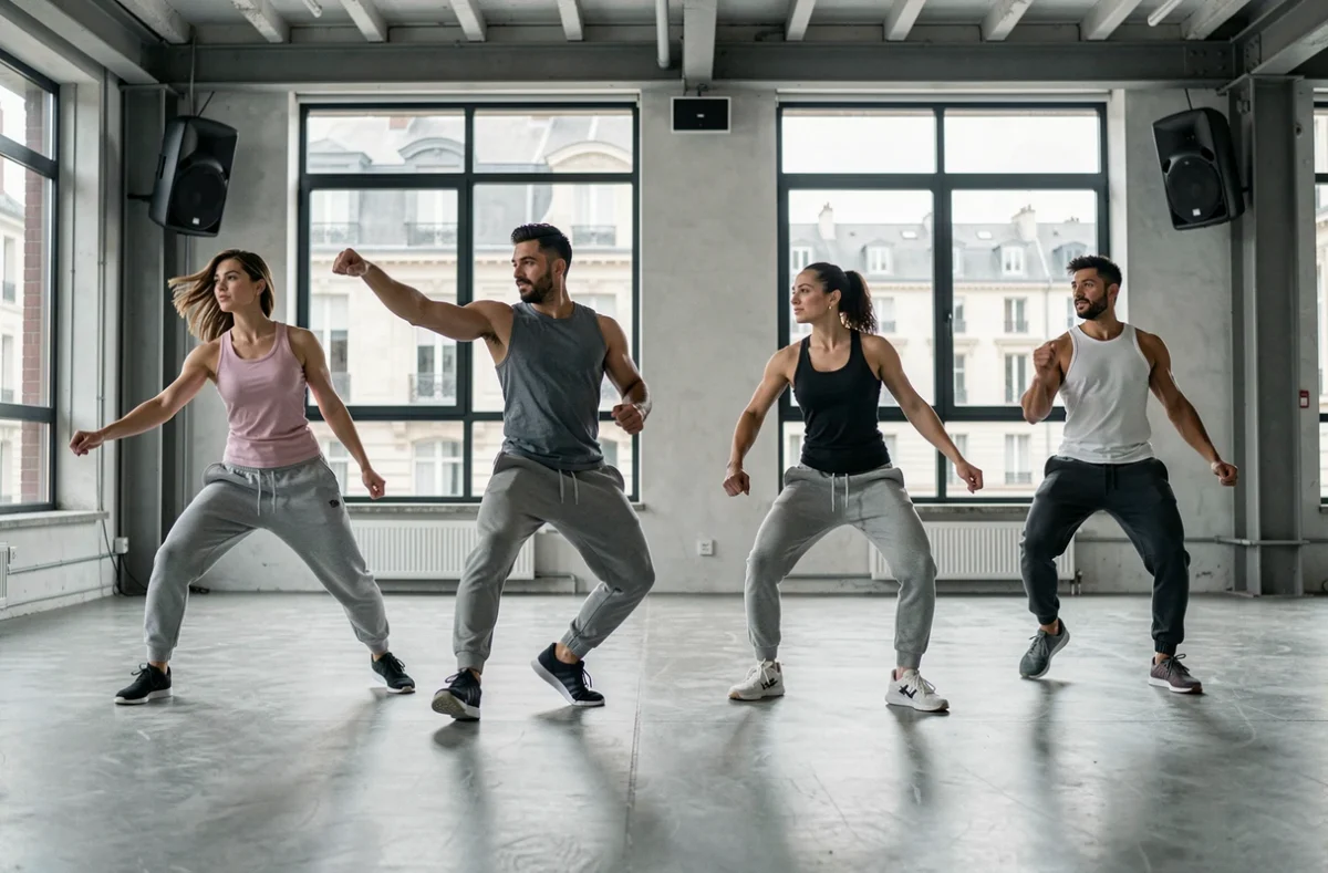 Groupe de danseurs adultes en cours de danse contemporaine dans un studio moderne au cœur d'une ville du Nord de la France