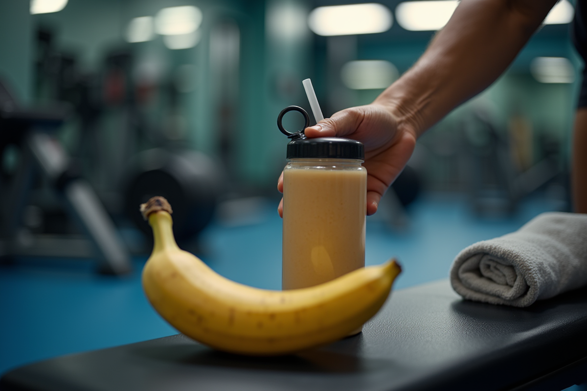 Main d un coureur atteignant une banane et une bouteille d eau en salle de sport