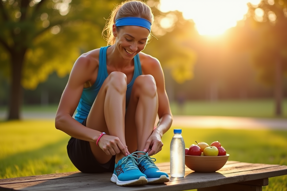 Courseur souriant en plein air en train de lacer ses chaussures avec fruits et bouteille d'eau