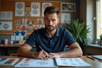 Designer amateur créant un logo de club de football sur son bureau avec des esquisses de blasons et des nuanciers de couleurs
