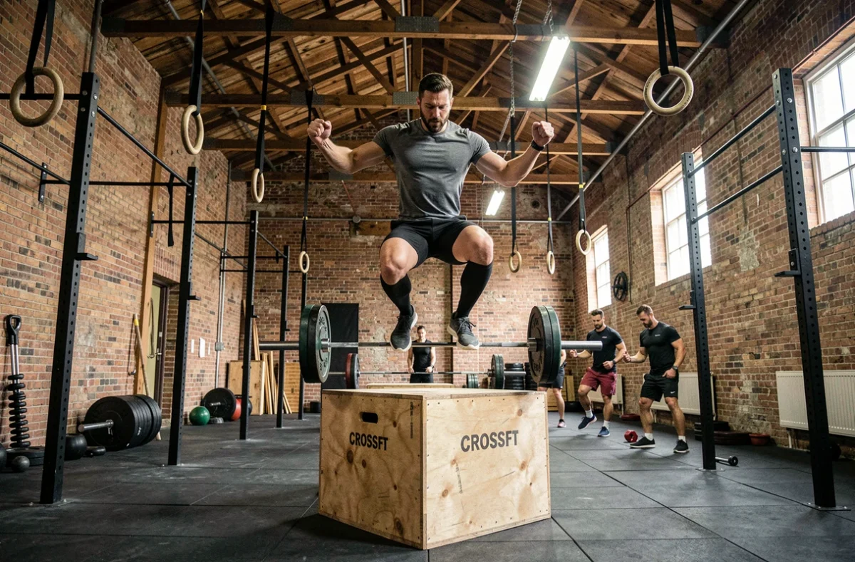 Athlète en plein saut de box dans la salle CrossFit au Mans avec décor industriel