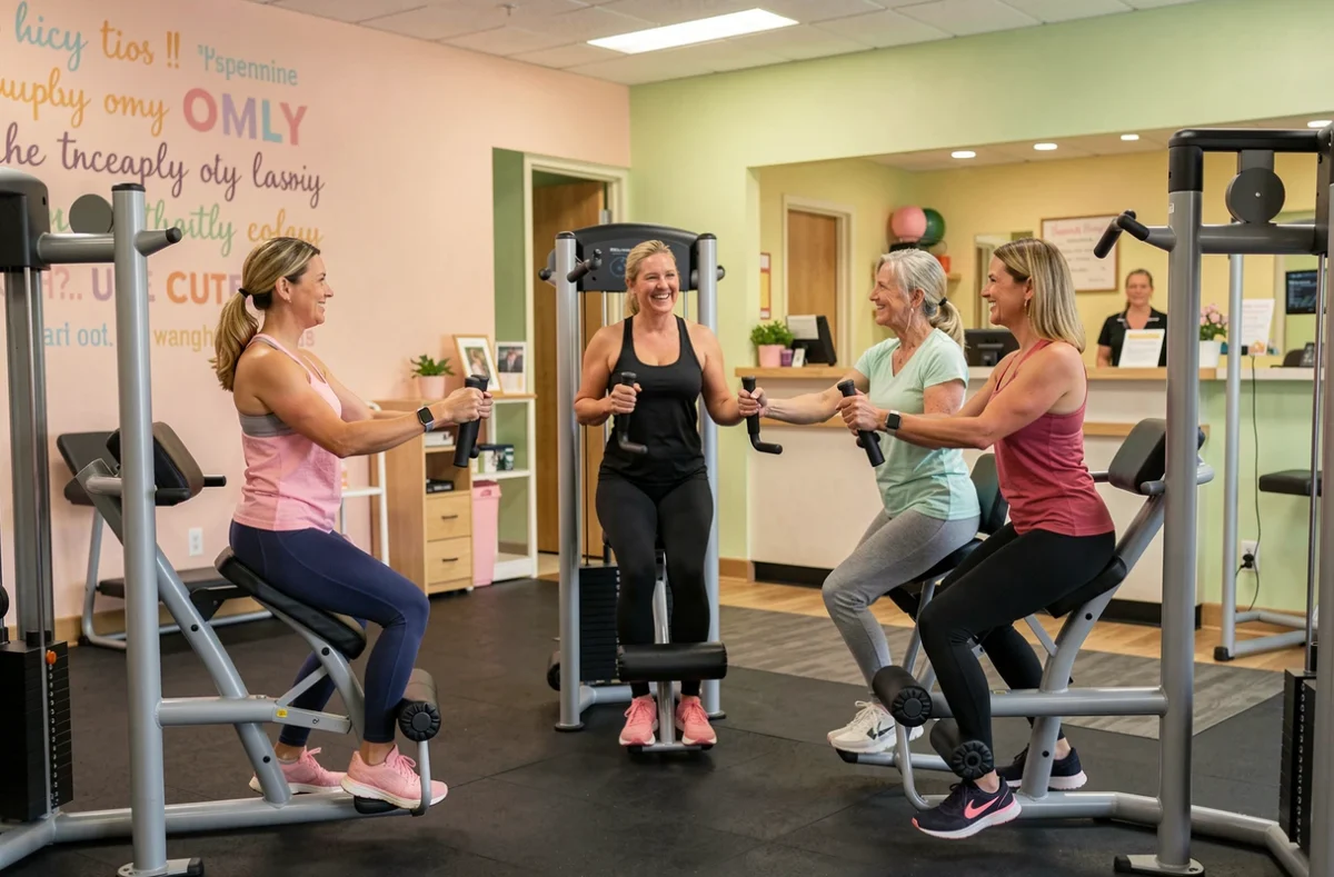 Groupe de femmes utilisant les machines en circuit dans la salle Curves au Mans