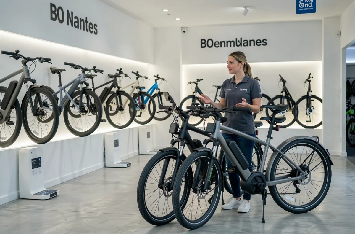 Conseillère en vélos électriques dans le showroom du réseau Cyclable à Nantes avec plusieurs modèles de vélos électriques exposés