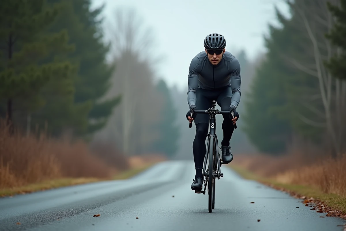 Cycliste professionnel à l'entraînement sur une route forestière scandinave, évoquant la solitude et la détermination d'un sportif en reconstruction physique
