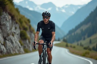 Cycliste professionnel en pleine ascension d'un col alpin, représentant l'effort et la persévérance d'un grimpeur de haut niveau